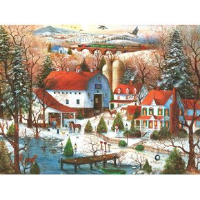 أجزاء وقطع - أحجية بانوراما 1000 قطعة للبالغين 20 "× 27" - The Farrier's Visit - 1000 PC Winter Snow Barn Train Jigsaw للفنان Mary Ann Vessey
