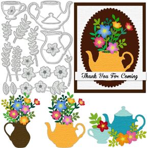 BENECREAT Teapot Flower Cutting Dies Stencils, Tea Cup, Flowers, Leaves Carbon Steel Embossing Tool Die Cuts Metal Templates for DIY Scrapbooking, Photo Album, Decorative Embossing