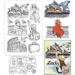 GLOBLELAND Lady Travel Seagull Clear Stamp and Cutting Dies Set for Card Making Women Vacation Silicone Clear Stamp Metal Sydney Opera House Colosseum Die Cuts for DIY Scrapbooking Photo Album