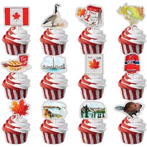 48pcs Dessert Cupcake Topper Cheer to Celebrate 1st of July Canada Day Theme Decorations Supplies Canadian Party Decor
