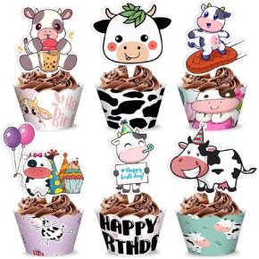 48pcs بقرة تحت عنوان زخارف حفلة عيد ميلاد | 24pcs cupcake toppers & 24pcs cupcake wrappers party favors اللوازم حيوانات البقرة المقدسة هدايا طاولة مركزية للبنين الفتيات كرنفال جوائز