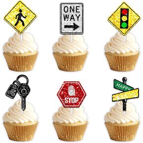 18pcs Glitter Traffic Light Sign Dessert Cupcake Pick for Cute Reptile Theme Decor Supplies Men Women Happy Birthday Party Decorations
