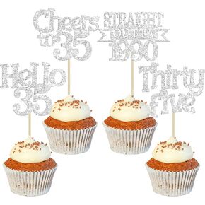 ephlyn 24pcs Happy 35th Birthday Cupcake Topcake Silver Five Five Cupcake يختار Hello 35 هتافًا إلى 35 عامًا من زخارف كعكة عيد الميلاد لعيد الميلاد 35