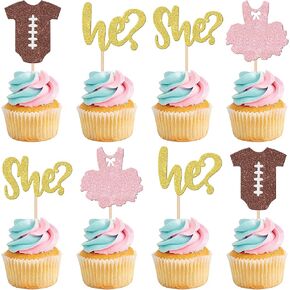 24 PCS Football Gender Reveal Cupcake Toppers - Glitter Rugby He or She Picks for Boy or Girl Baby Shower - Rugby Birthday Party Cake Decorations Supplies