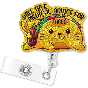 ERHACHAIJIA Will Give Medical Advice for Tacos Retractable Golden Glitter Badge Reel with Clip, Funny ID Card Badge Holder Gift for Nurses Doctors RN EN Nutritionist Nursing Grad Taco Lover