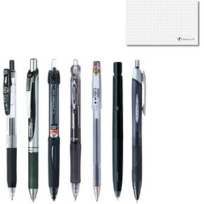 Black Ballpoint Pen Sampler, Fine/Medium/Bold Tip, Black Ink, Japanese Ballpoint Pen 7-Piece & Ink Testing Card Set