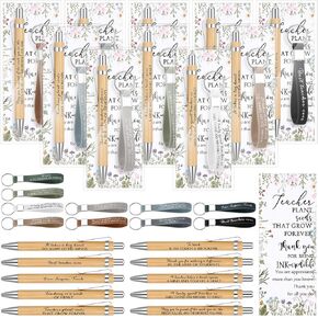 Geyoga 30 Sets Teacher Appreciation Gifts Bulk Inspirational Bamboo Pens and Motivational Silicone Keychains with Appreciation Card for Teacher Employee Staff Office Graduation Thank You Gifts