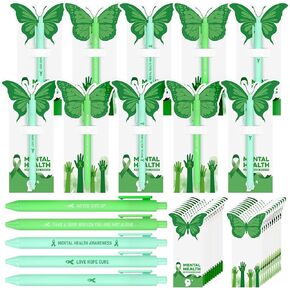 50 Sets Mental Health Awareness Pens Bulk Green Ribbon Ballpoint Pen with Motivational Butterfly Cards Plastic Retractable Pens for Office Charity Favors Items Supplies Accessories