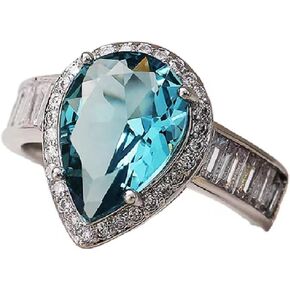 925 Sterling Silver Women's Wedding Ring CZ Sparkling Full Diamond Pear Shape Blue Stone Cubic Zirconia Blue Crystal Ring Teardrop Ring Cocktail Party Eternity Engagement Wedding Ring Size 6-10 621