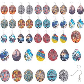 SUNNYCLUE DIY 14 Pairs Landscape Theme Printed Wooden Earring Making Kit Teardrop Oval Wooden Pendant with Brass Earring Hooks Jump Rings Jewelry Making Supplies for Beginners