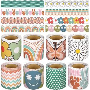 Patelai 8 Rolls 262.4 FT Modern Boho Bulletin Board Borders Boho Decoration Borders Chaptrich Rainbow Decordlity Trim Trim Border Bulletin Poard for School Classroom Office (Flower)