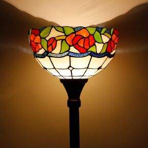 Tiffany Torchiere Floor Lamp Stained Glass Rose Flower Style Standing Corner Torch Uplight 12X12X72 Inch for Bedroom Living Room Home Office