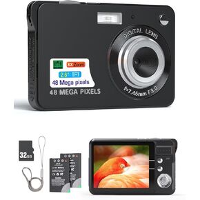 Andoer Digital Camera Compact: 4K 48MP,Auto Focus,16X Zoom,Anti-Shake, Face Detect,Smile Capture,Built-in Flash, with 2 Batteries and 32GB Card for Kids,Beginners- Silver