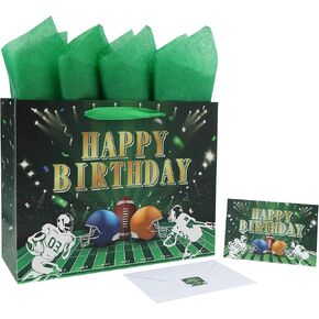 13" Large Football-themed Birthday Gift Bag Set with Handles, Greeting Card, Green Tissue Papers and Stickers for Men Boys Kids Teens, Football Fan Design, 1 Pcs.