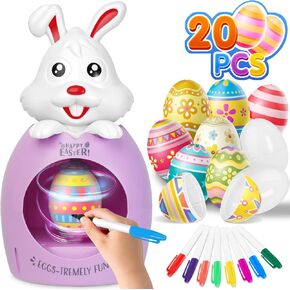 Haovrisn Easter Egg Decorating Kit Higts Easter For Kids ، آلة تزيين البيض DIY مع 20 بيض بلاستيكي أبيض و 8 علامات ملونة ، ألعاب أرنب لطيفة محشوات للبنات