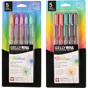 Sakura Gelly Roll Silver Shadow Gel Ass - الحبر الفضي والملون - خط غامق - 5 Pack & Gelly Roll Gold Shadow Gel - الذهب مع حبر ملون متنوع - خط غامق - 5 حزمة