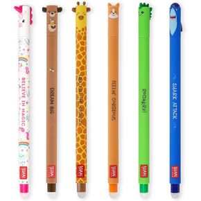 LEGAMI - Set of 6 Erasable Gel Pens with Thermosensitive Erase Ink, Range of ink colours & barrel designs, 0.7mm Tip, Unicorn, Teddy Bear, Giraffe, Corgi, Dino, Shark Designs