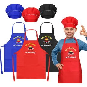 Coume 3 مجموعات BBQ Grill Master Master و Chef Hat Kit for Kids قابل للتعديل مآزر الطهي مع جيوب ملابس طاهية مضحكة لحفل الشواء ، فئة الطبخ ، الأخوة بويز هدية ، الأعمار 7-13