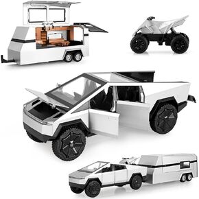 for Cybertruck Toy Truck with RV Motorcycle Diecast Metal for Cybertruck Model Pickup Truck 1/32 Toy Cars Race with Sound and Light Gift Age for 6,7,8 Year Up