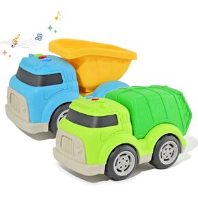2 Pack Toddler Trucks Toys with Lights & Sounds, Includes Garbage Truck, Dump Truck, Push and Go Car Toys for Kids Children, Easter Christmas Birthday Gifts for Boys Girls