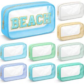 9 Pcs Preppy Clear Makeup Bag DIY Chenille Letter Pouch Large Nylon Makeup Bag Travel Toiletry Zipper Cosmetic Pouch Organizer Bags PVC Preppy Stuff for Women Girls, 9.5 x 5.1 x 2.8 Inch (Cream White) in Kuwait