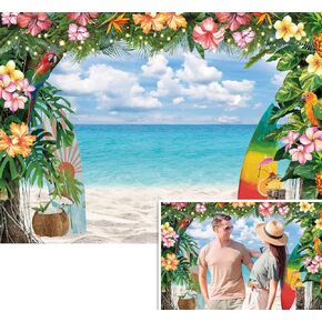 Summer Hawaiian Beach Background Tropical Hawaiian Sky Ocean Flowers Palm Leaves Surfboard Backdrop Birthday Party Aloha Luau Party Baby Shower Decoration Photo Gallery Booth Props (7x5ft)