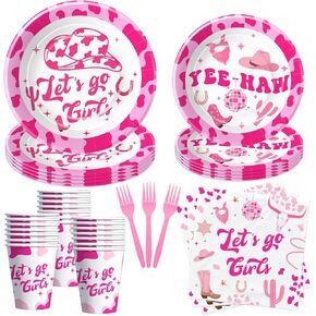 Cowgirl Theme Let's Go Girls Party Tableware Decorations - Hot Pink Disco Cowgirl Party Supplies Dinnerware For Birthday Bachelorette, Dinner Plate, Dessert Plate, Cup, Napkin, Fork | Serve 24
