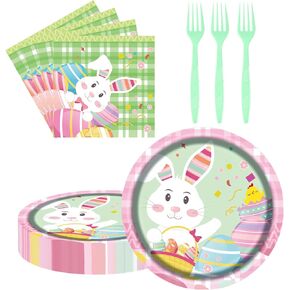 75 Pcs Easter Day Tableware Set Party Supplies,Happy Easter Bunny Party Disposable Decorations Paper Plates Napkins Forks for Kids Spring Celebrations Picnic Favors, Serve 25