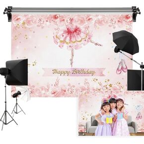 7x5ft Ballerina Birthday Backdrop Pink Rose Flower Golden Star Dancing Girl Watercolour Photography Background Birthday Ballet Party Baby Shower Portrait Studio Photo Props Polyester