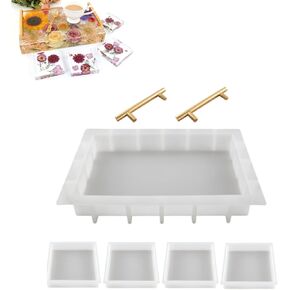 Rectangle Resin Table Silicone Molds Set, 13.5 x 10 x 2 in Epoxy Resin Silicone Mold / 4 Deep Resin Coaster Molds w Handles forFloral Preservation Bouquet, Coffee Table