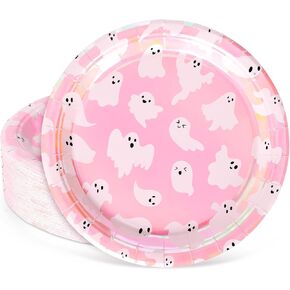 40PCS Halloween Paper Paper Plates Pink Ghost Foil Foil Foil Holographic Discipable Complate 9 Inch Cartoon Cartoon Disoriative Tabledary for Birthday Bidrid