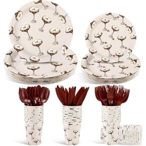 Zhehao 150 Pcs Espresso Martini Party Tableware Supplies a Tini Bit Older Party Disposable Paper Plates Cups with Plastic Forks Knives Spoons for Espresso Martini Birthday Party Decorations, Serve 25