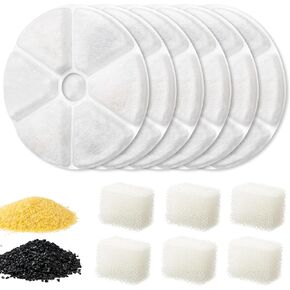 6 Pack Cat Water Fountain Filters Replacement & 6 Sponges: Triple Filtration Activated Carbon Ion Resin Cotton for 84oz/2.5L Stainless Steel Plastic Fountains BPA-Free, 3-Month Supply