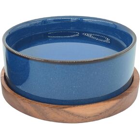 Ceramic Cat Bowl with Wooden Tray,Light Blue Glaze， 5.6 x 5.6 inch, 13.5 oz Capacity, Kiln-Formed Light Orchid Glaze, Anti-Tip Design