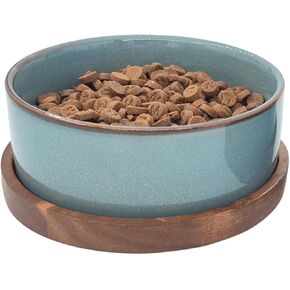 Ceramic Cat Bowl with Wooden Tray,Light Blue Glaze， 5.6 x 5.6 inch, 13.5 oz Capacity, Kiln-Formed Light Orchid Glaze, Anti-Tip Design in Kuwait