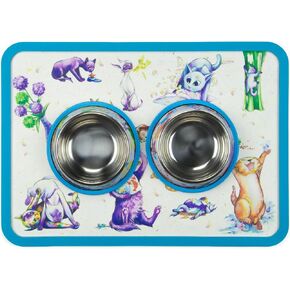 3-in-1 Cat Food & Water Bowls with Mat Set - Cat Tales: Cat-titude Premium 4 oz. Stainless Steel Dishes with Food-Grade Silicone Feeding/Litter Box Mat