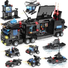 Wishalife 1100 Pieces City Police Police Station Kit ، Swat Mobile Command Center Center Truck Building مع سيارة شرطة ، طائرة ، قارب ، ألعاب شرطة لعب الأدوار الممتعة للبنين الفتيات الذين تتراوح أعمارهم بين 6 و 12 عامًا