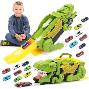 Dinosaur Truck Toy for Boys & Girls Ages 3-7 – Foldable T-Rex Car Transporter with Race Track, Dino Hauler Playset with 8 Die-Cast Cars, for Dino Lovers & Toddler Car Toys (Red)