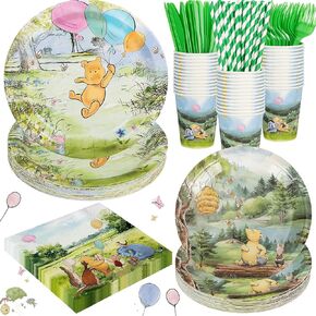 Winnie Bear Baby Shower Decorations, Serves 25 Guests Winnie Party Supplies Plates Napkins Cups Set Classic the Pooh Decoration for Kids Boys Girls Newborn Birthday Party