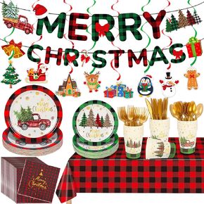 مجموعة لافتة لوحات عيد الميلاد - 170 PCS تُشمل أدوات المائدة Merry Christmas Banner ، والشوكات ، والكؤوس ، والملاعق ، والسكاكين ، والمناديل ، ومائدة المائدة
