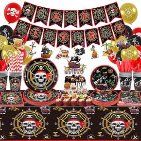 زخارف حفلة عيد ميلاد Kefan Pirate ، لوازم الأدوات المائدة القراصنة ، بما في ذلك لافتة عيد ميلاد سعيد ، لوحات ، أكواب ، مناديل ، مفارش المائدة ، بالونات لعيد ميلاد الأولاد (LQ-B)