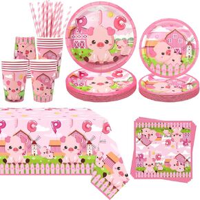 زخرفة Pig Party - مستلزمات Pinch Pig Birthday Party Party تتضمن لوحات ، أكواب ، مناديل ، مفرش المائدة ، القش (20)