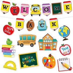 50pcs Back to School Cutouts Welcome Banner with 100Pcs Glue Points Colorful Wall Decals Teacher Appreciation Decor for Classroom School Kindergarten First Day of Bulletin Board Decoration