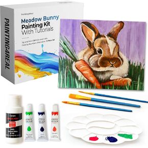 Painting4 4 مجموعات الطلاء DIY للبالغين والأطفال مع دروس الفيديو: تعلم كيفية رسم Meadow Bunny - مثالية لزخارف عيد الفصح أو فن المزرعة الحديثة - 9 قطعة مجموعة الطلاء الاكريليك