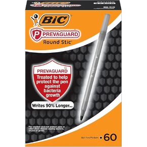 BIC Prevaguard Round STIC PROIND PEN مع حماية مدمجة لقمع نمو البكتيريا ، النقطة المتوسطة (1.0 مم) ، أسود ، 60 دورة