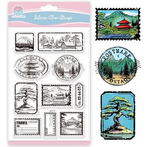 GLOBLELAND Landscape Stamps Clear Stamps for Card Making Mount Fuji Background Silicone Stamp Pine Trees Transparent Stamp Seal for DIY Scrapbooking Embossing Photo Album
