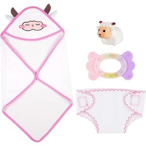 BABESIDE 4 Pcs Small Doll Accessories and Doll Swaddle Blanket Set for Bitty Doll, Doll Swaddle Blanket with Doll Diaper and Rattle, Suitable for 12-16 Inch Small Dolls, Kids Pretend Play, White