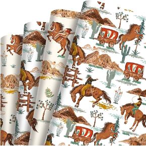 Sanixin 8 Sheets Western Cowboy Wrapp Paper Watercolor Wild Horse Cactus Desert Rodeo Gift Paper for Birthday Baby Shower Party Diy Craft ، 19.7 × 27.6 في