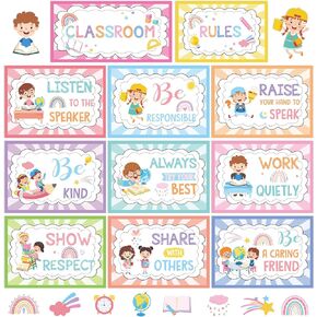 38PCS قواعد الفصول الدراسية ملصقات قواعد فئة بوهو لوحة نشرة مع نقاط الغراء الملونة التحفيزية التعليمية الجدار علامات العادات الجيدة لافتة للعودة إلى منزل الحفلة المدرسية