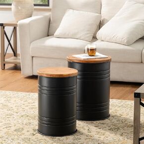 Glitzhome Rustic End Table Set of 2, Farmhouse Galvanized Metal Barrel Ottoman Storage Stool with Round Wood Lid for Living Room Furniture, Grey